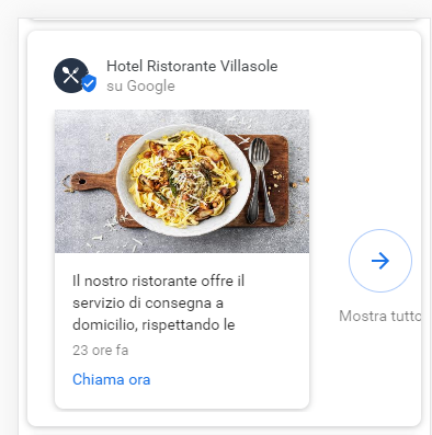 Esempio di post creato grazie a Google My Business in cui si promuove il servizio di ristorazione a domicilio 