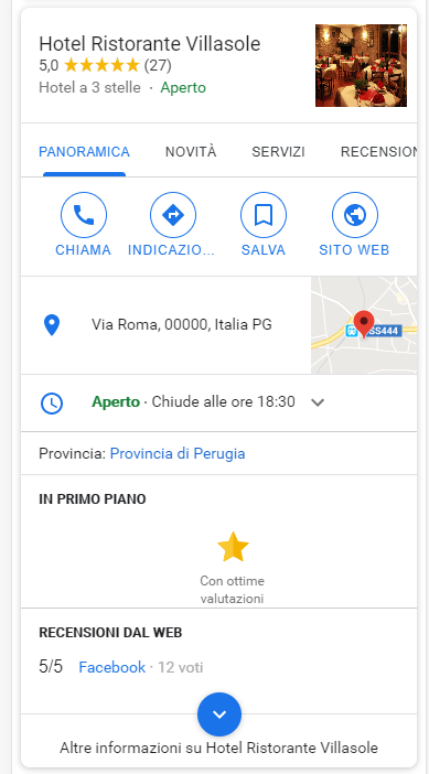 Esempio di annuncio generato da Google My Business per un hotel ed un ristorante