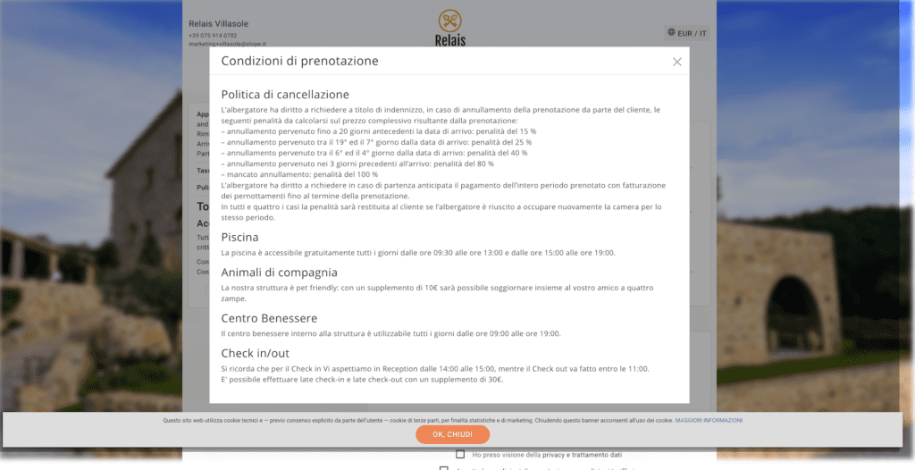 Condizioni di prenotazione impostate nel booking engine Slope