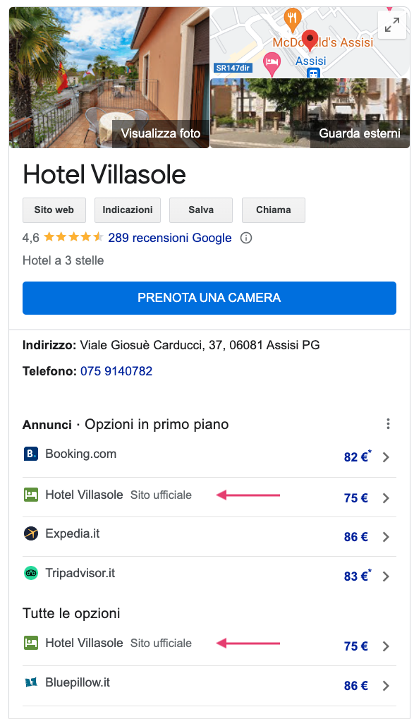 Esempio Free Booking Links e Google Hotel Ads