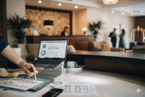 Nella reception di un hotel una mano in primo piano mostra dei grafici