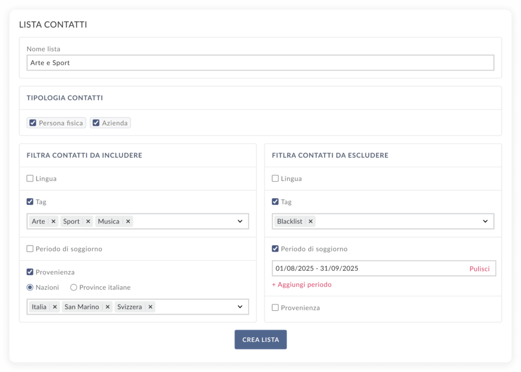 Schermata del software Slope di email marketing per hotel che mostra la lista contatti.