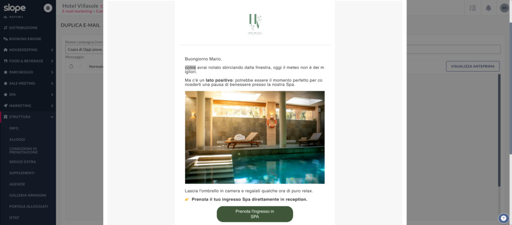 Schermata del backoffice Slope in cui si invia una campagna di email marketing a chi vuole provare il centro benessere