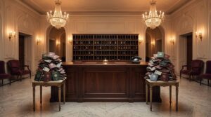 Documenti degli ospiti lasciati incustoditi in pile sui tavoli della reception di un hotel