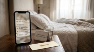 Overmarketing in hotel: smartphone dell'ospite pieno di notifiche sul comodino della camera